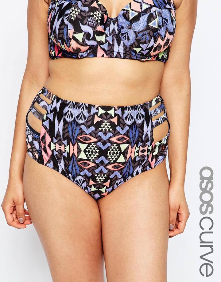 Asos Curve Bright Geo-tribal Print Lattice High Waist Bikini Bottom - Bright Geo-tribal