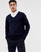 Asos Design Cotton V-neck Sweater In Navy - Navy