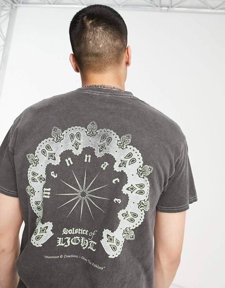 Mennace T-shirt In Washed Black With Chest And Back Print
