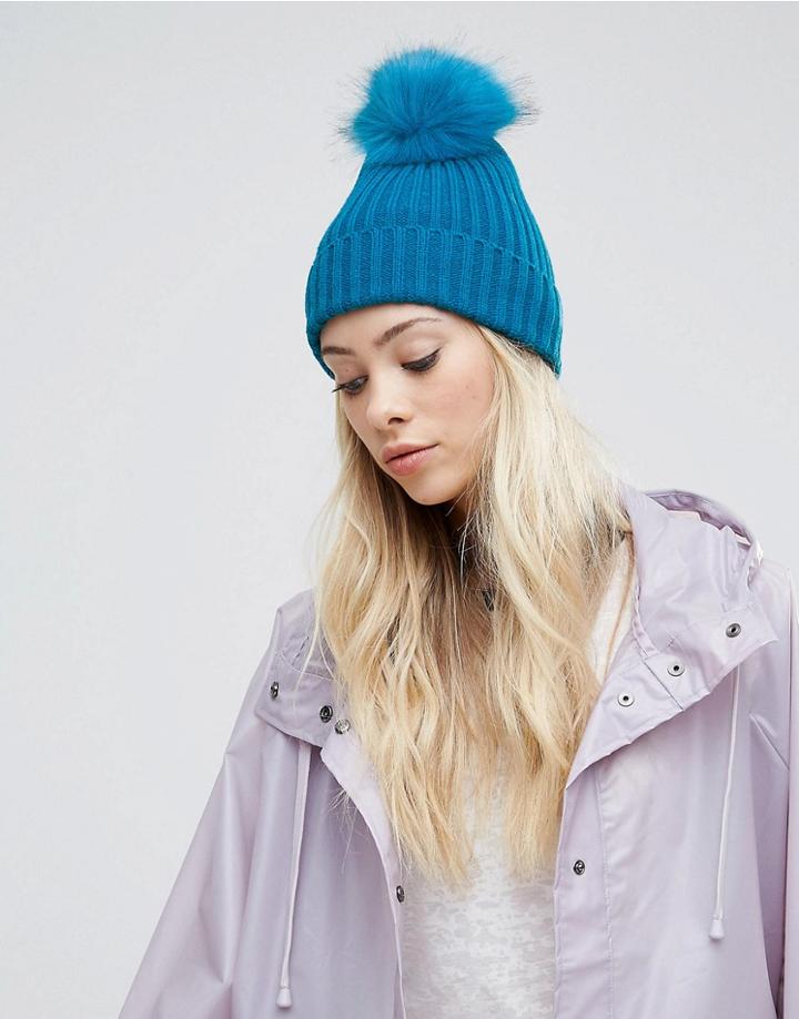 Asos Bright Blue Rib Beanie With Faux Fur Pom - Blue