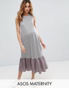 Asos Maternity Midi Dress In Stripe With Drop Frill Hem - Blue