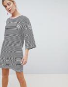 Chorus Flared Sleeve Striped T-shirt Dress With Embroidery - Black