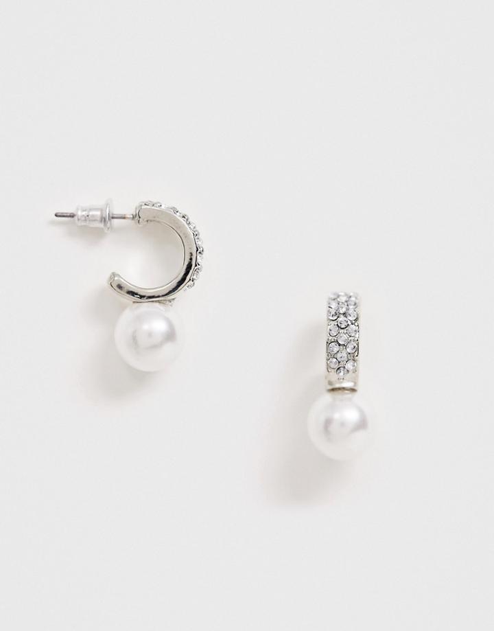 Asos Design Small Crystal Hoop Earrings With Pearl In Silver Tone - Silver