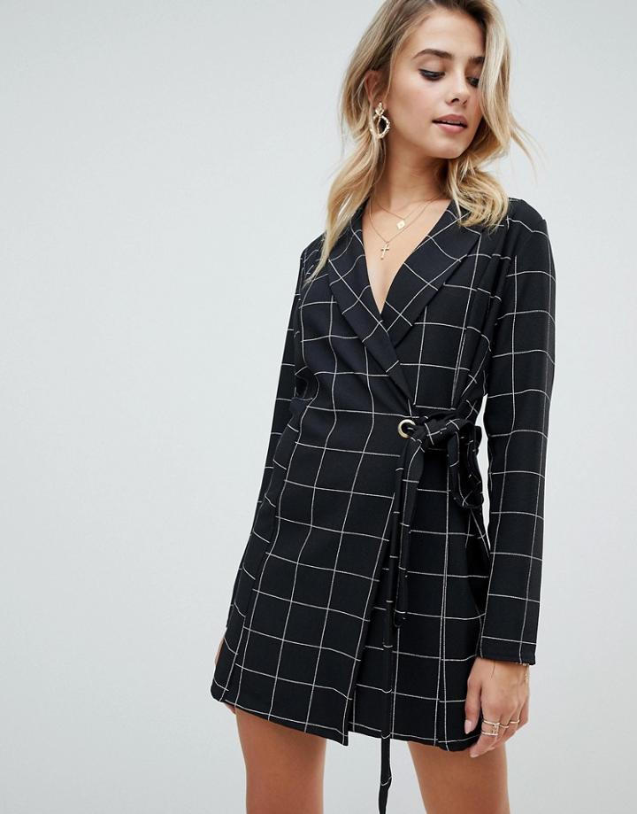 Prettylittlething Tie Side Blazer Dress In Black Check - Black