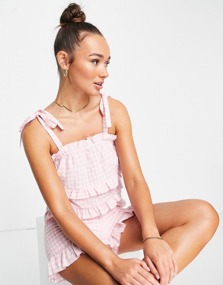 Lost Ink Gingham Frill Edge Cami In Pink - Part Of A Set