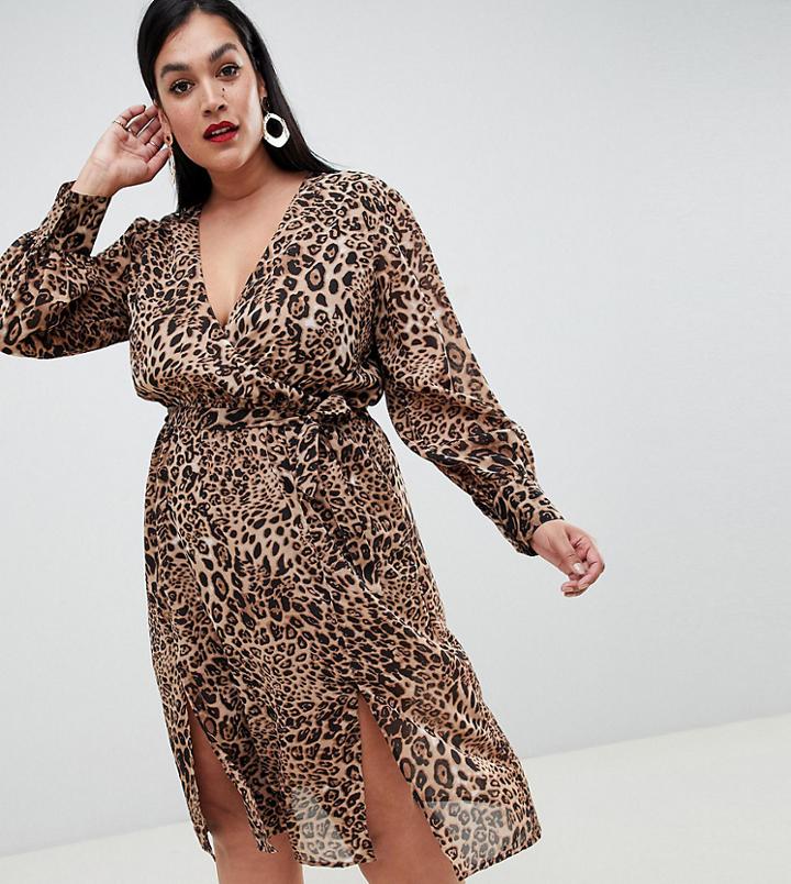 Boohoo Plus Chiffon Wrap Midi Dress In Leopard - Multi