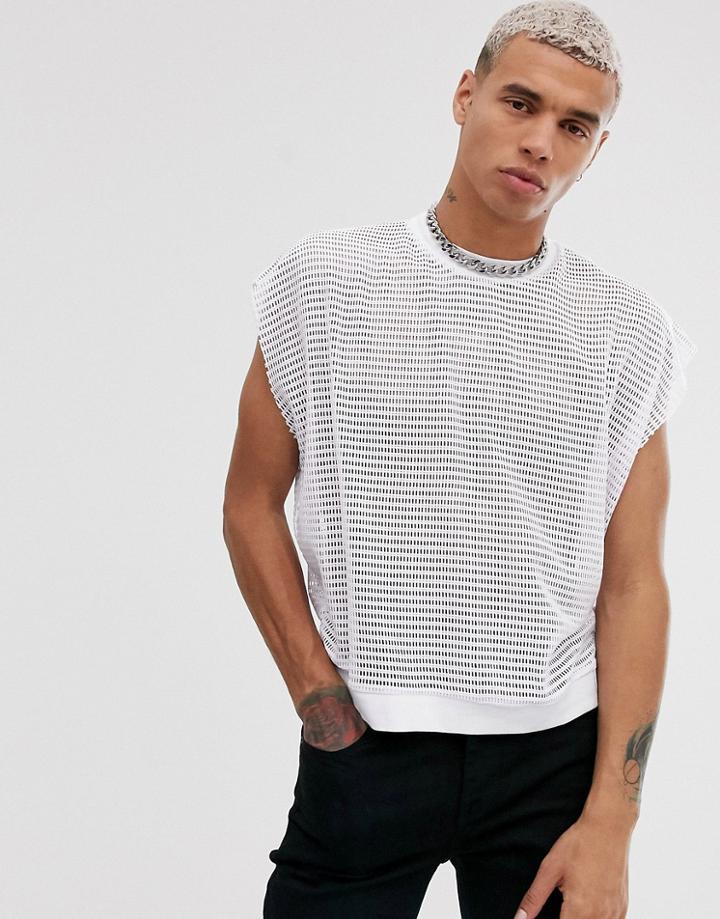 Asos Design Boxy Cropped Tank Tank In White Mesh - White