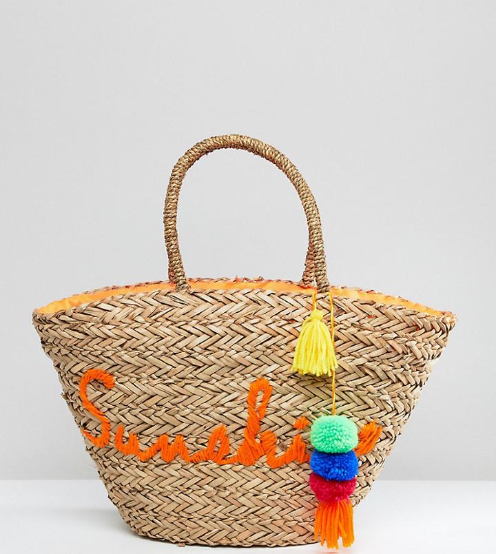 South Beach Sunshine Embroidered Straw Beach Bag - Multi