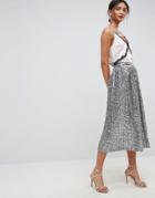 Asos Pleated Sequin Midi Skirt - Silver