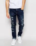 Waven Jeans Valtar Drop Crotch Skinny Tapered Fit Trash Blue Dark Extreme Rips - Trash Blue