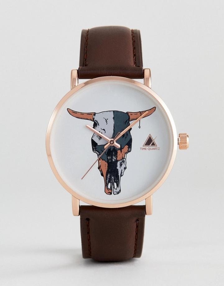 Asos Design Watch In Brown And Rose Gold With Rams Head - Brown