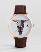 Asos Design Watch In Brown And Rose Gold With Rams Head - Brown