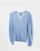 Asos Design V Neck Sweater With Volume Sleeve In Blue