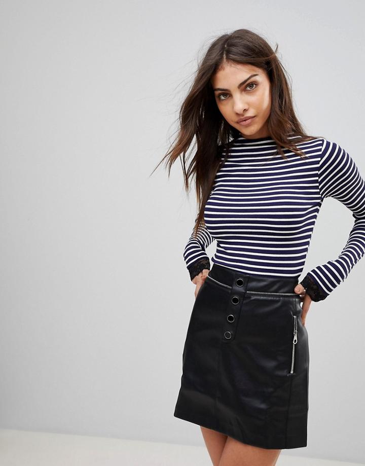 Asos High Neck Polo In Stripe With Lace Trim - Multi