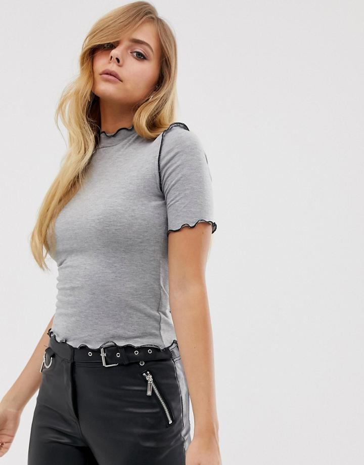 Boohoo Ribbed Contrast Lettuce Hem T-shirt In Gray - Gray