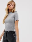 Boohoo Ribbed Contrast Lettuce Hem T-shirt In Gray - Gray