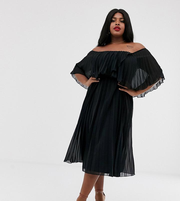 Asos Design Curve Pleated Bandeau Midi Dress With Double Layer-black