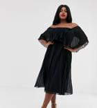 Asos Design Curve Pleated Bandeau Midi Dress With Double Layer-black