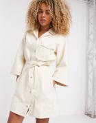 Weekday Ross Organic Cotton Belted Button-through Denim Dress In Ecru-white