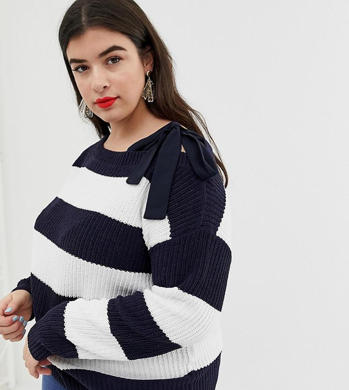Vero Moda Curve Stripe Tie Detail Cold Shoulder Sweater - Multi