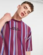 Asos Design Oversized Vertical Stripe T-shirt With Front Print In Burgundy - Red