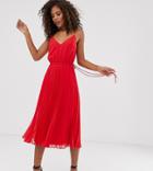 Asos Design Tall Pleated Cami Midi Dress With Drawstring Waist-red