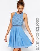 Asos Tall Skater Dress With Embellished Grid - Blue