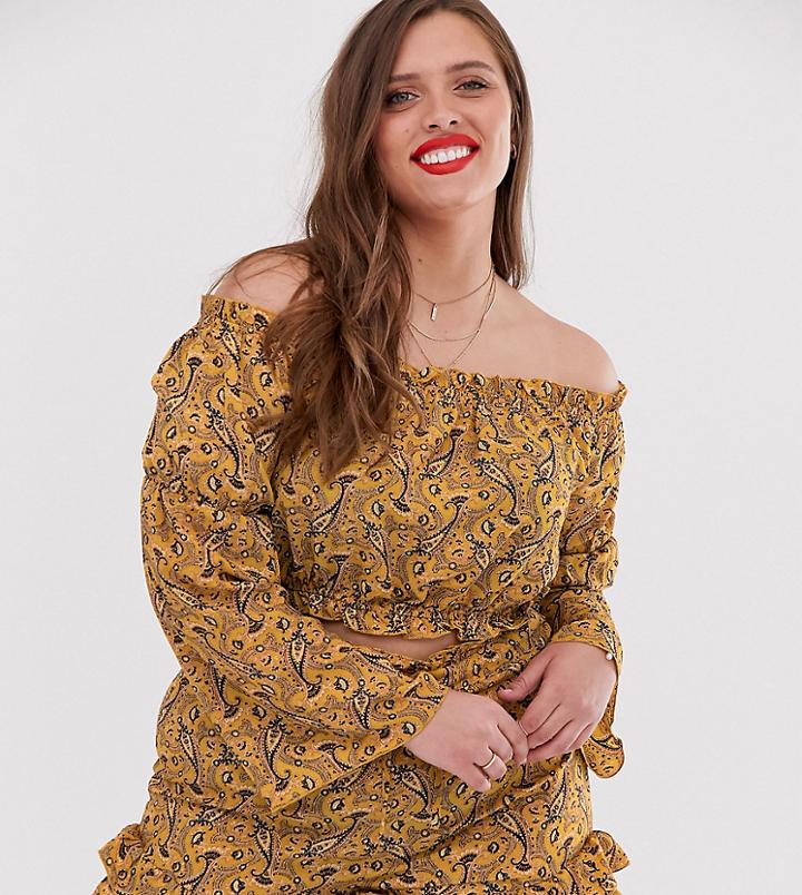 In The Style Plus X Dani Dyer Bardot Elasticated Crop Top In Yellow Paisely - Multi