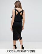 Asos Maternity Petite Ruffle Top Square Neck Midi Dress With Cross Back - Black