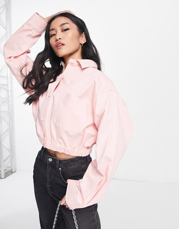 Asos Design Cropped Shirt Shacket In Pink-blue