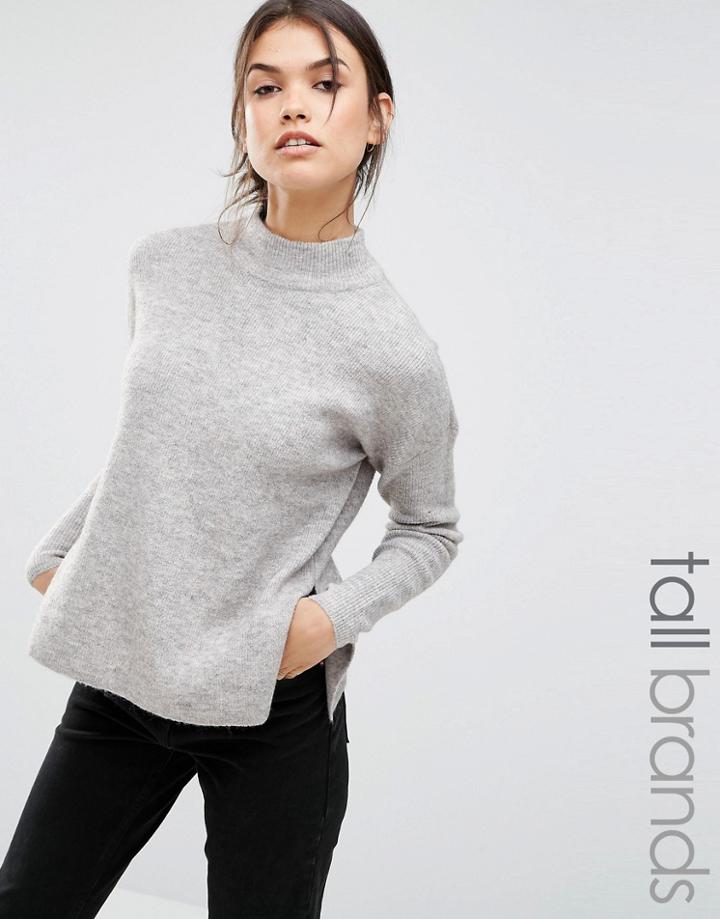 Noisy May Tall High Neck Side Split Soft Knit Sweater - Gray