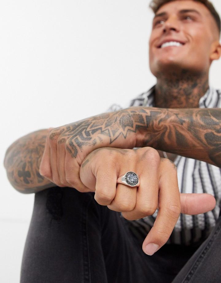 Asos Design Signet Ring With Black Agate Stone In Burnished Silver Tone
