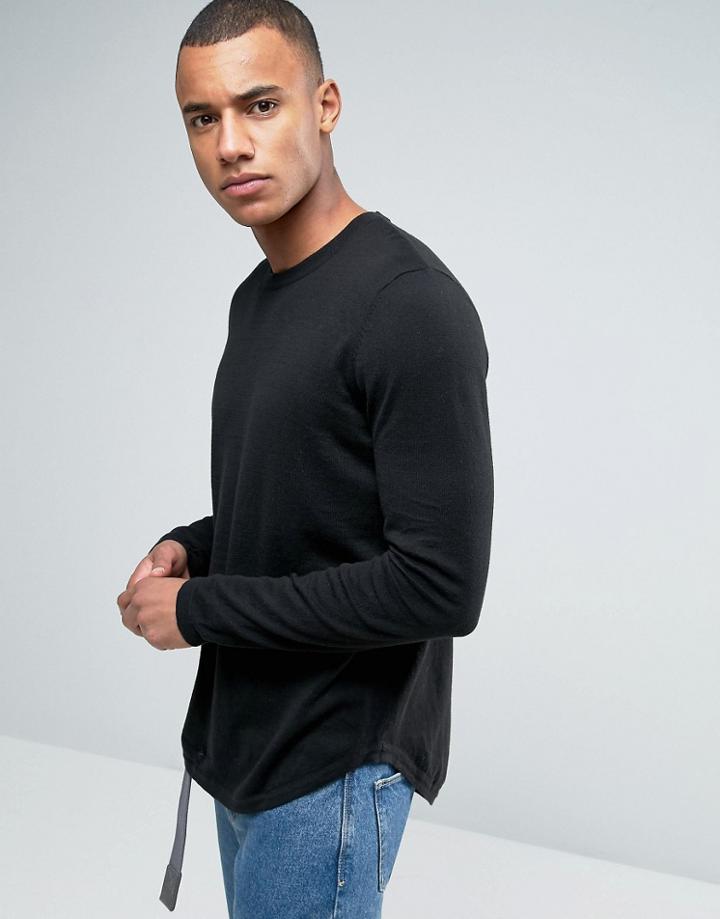 Asos Crew Neck Sweater With Curved Hem - Black