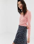 Esprit V-neck Long Sleeve Top With Stripe Print In Red And White - Red