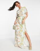 Hope & Ivy Cowl Back Slit Maxi Dress In Sage Floral-green