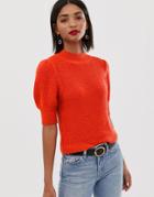 Asos Design Puff Sleeve Sweater In Rib - Orange