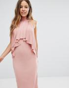 John Zack Petite High Neck Midi Bodycon Dress With Ruffle Front Detail - Pink