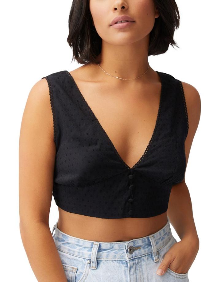 Cotton: On Button Front Halter Crop Top In Black