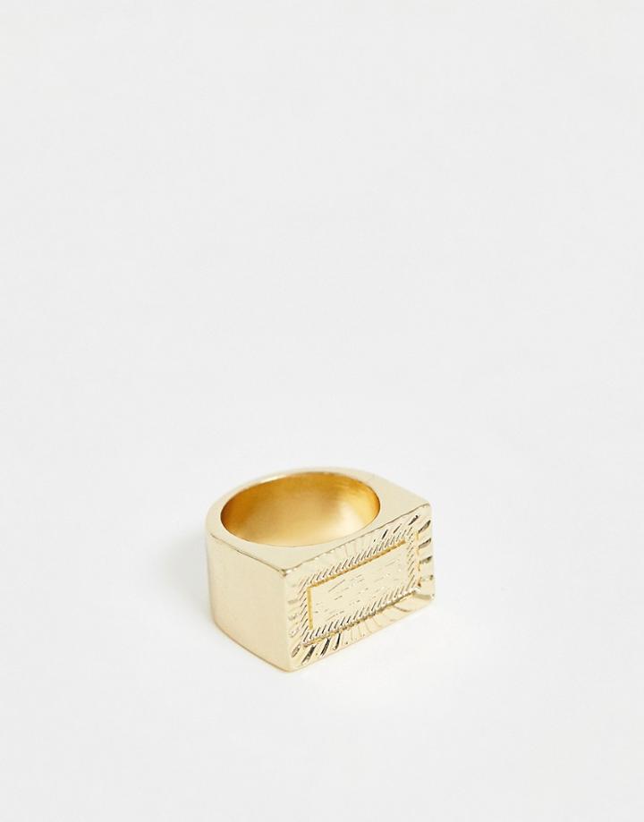 Asos Design Ring In Vintage Style Engraved Bar In Gold - Gold