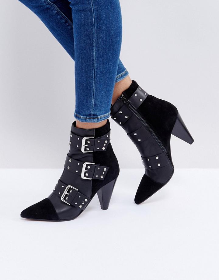 New Look Stud Buckle Ankle Boot With Cone Heel - Black