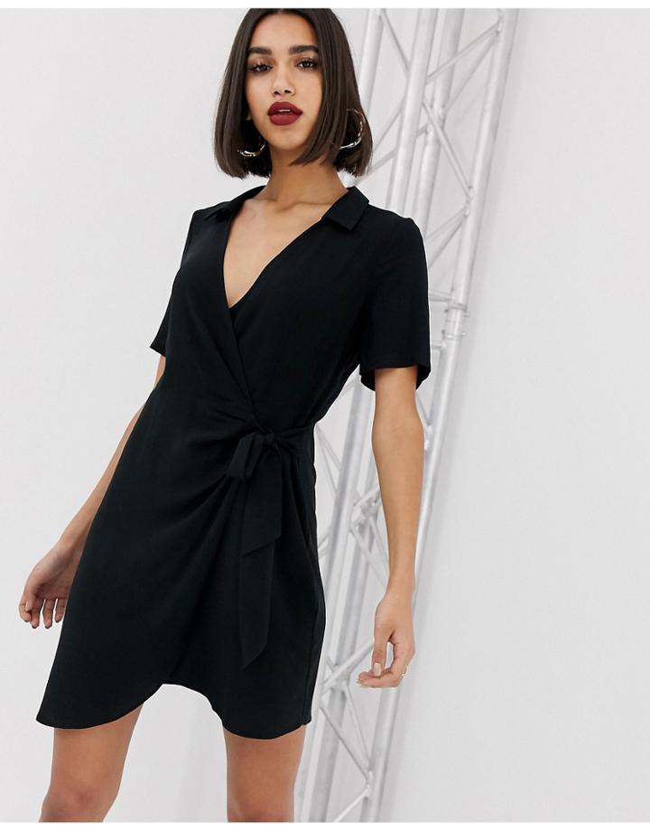 Asos Design Wrap Mini Dress With Collar - Black