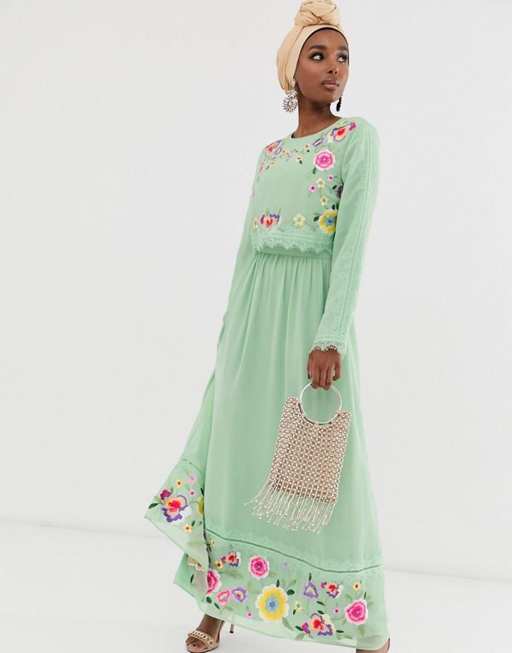 Asos Design Double Layer Embroidered Maxi Dress-green