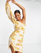 Asos Design One Shoulder Dress In Yellow Floral Print-multi