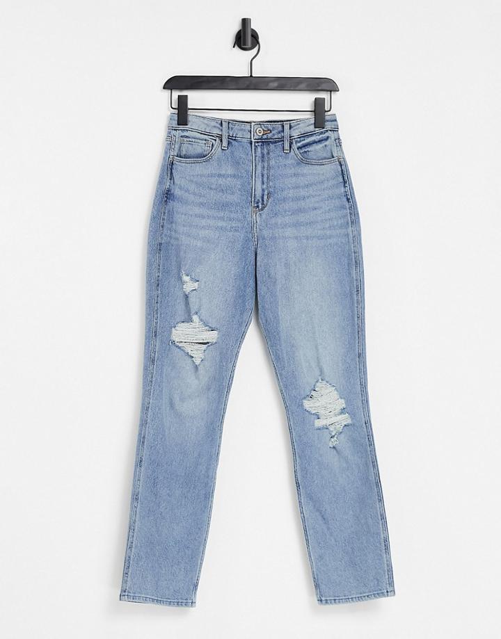 Hollister Knee Rip Boyfriend Jeans In Indigo Wash-blues