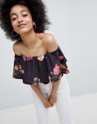 Lasula Floral Bardot Crop Top - Black