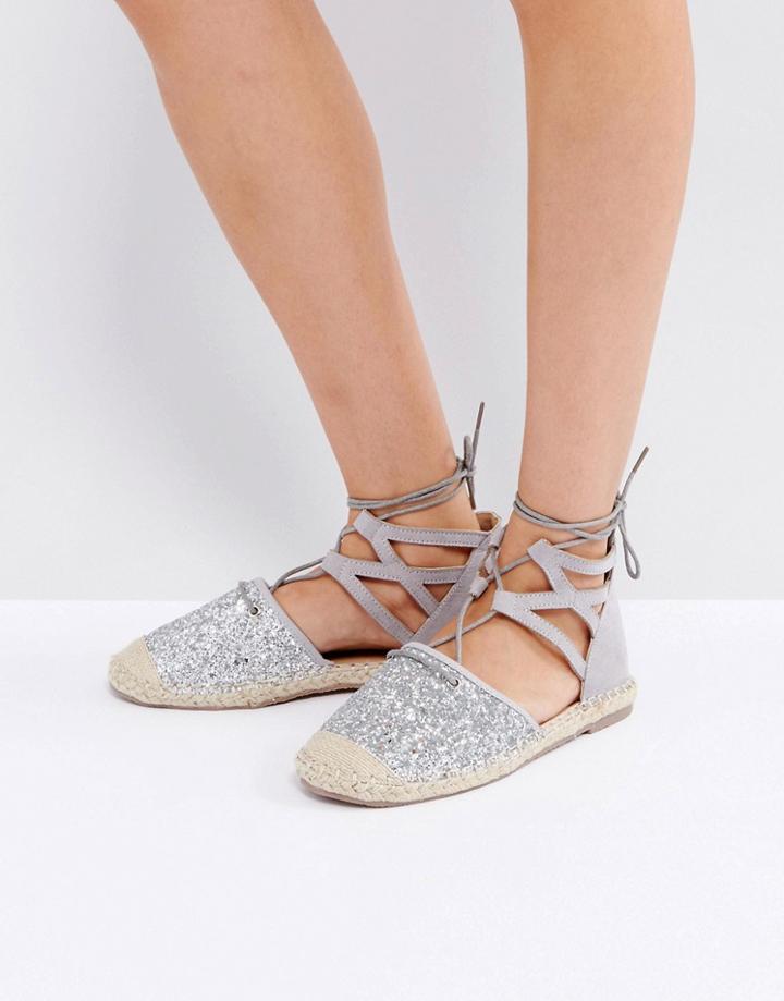 Truffle Collection Glitter Lace Up Espadrille - Silver