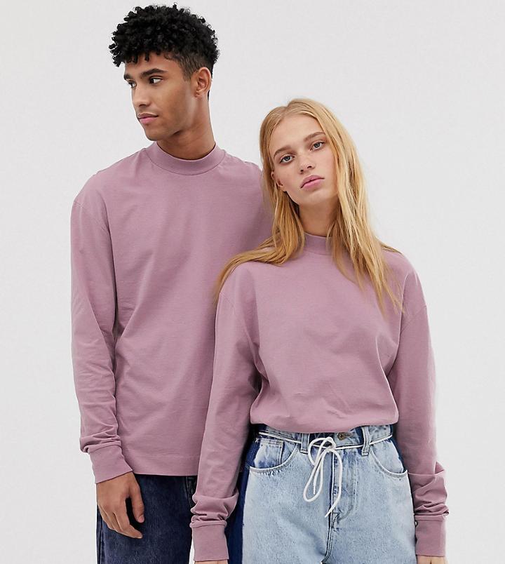 Collusion Unisex High Neck Long Sleeve T-shirt In Dusky Pink - Pink
