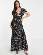 Asos Design Satin Bias Maxi Dress With Ruffle Sleeve And Tie Front Detail In Ditsy Floral Print-multi