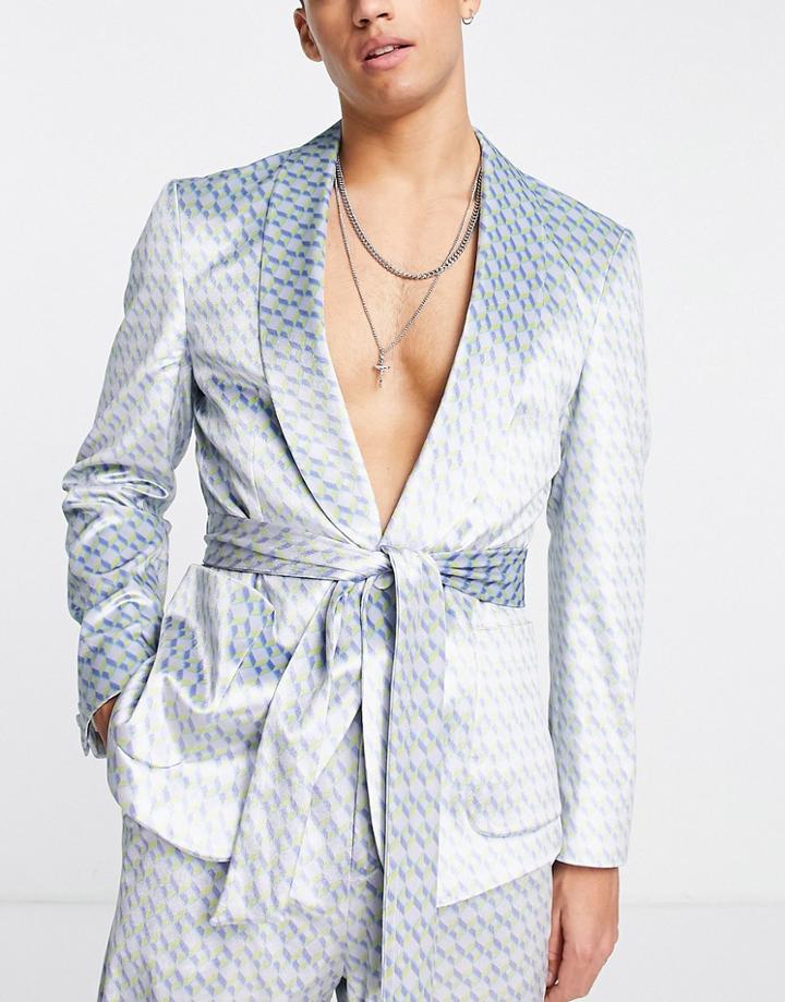 Asos Design Slim Smoking Jacket In Lilac Diamond Print-green