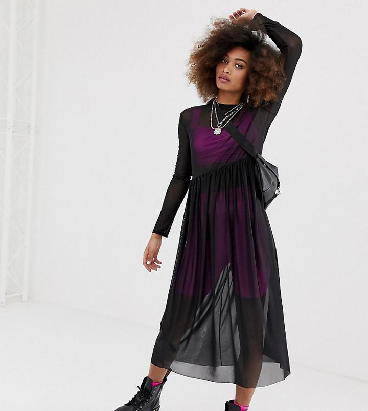 Collusion Mesh Smock Dress In Black - Black